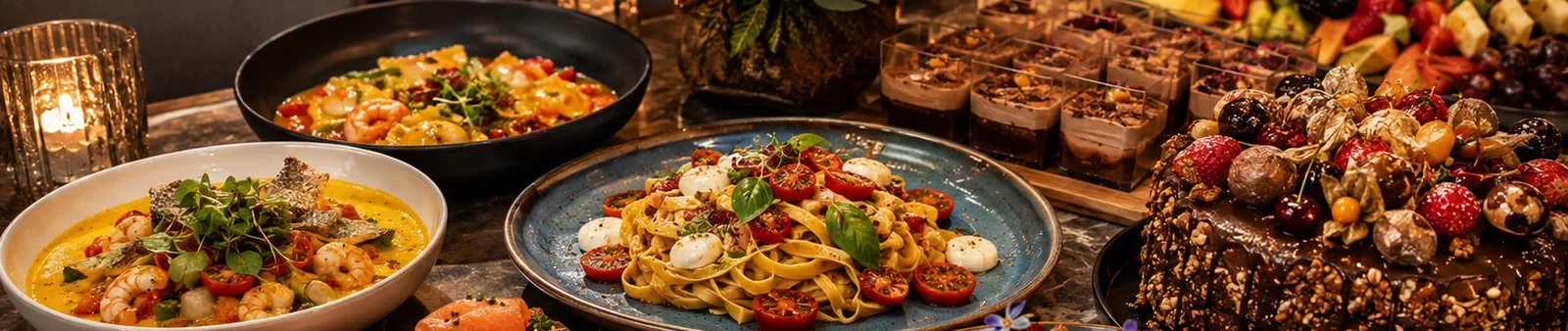 A wide spread of Mise & Co. dishes, including pasta, salmon canapés, a chocolate cake, and fresh fruit